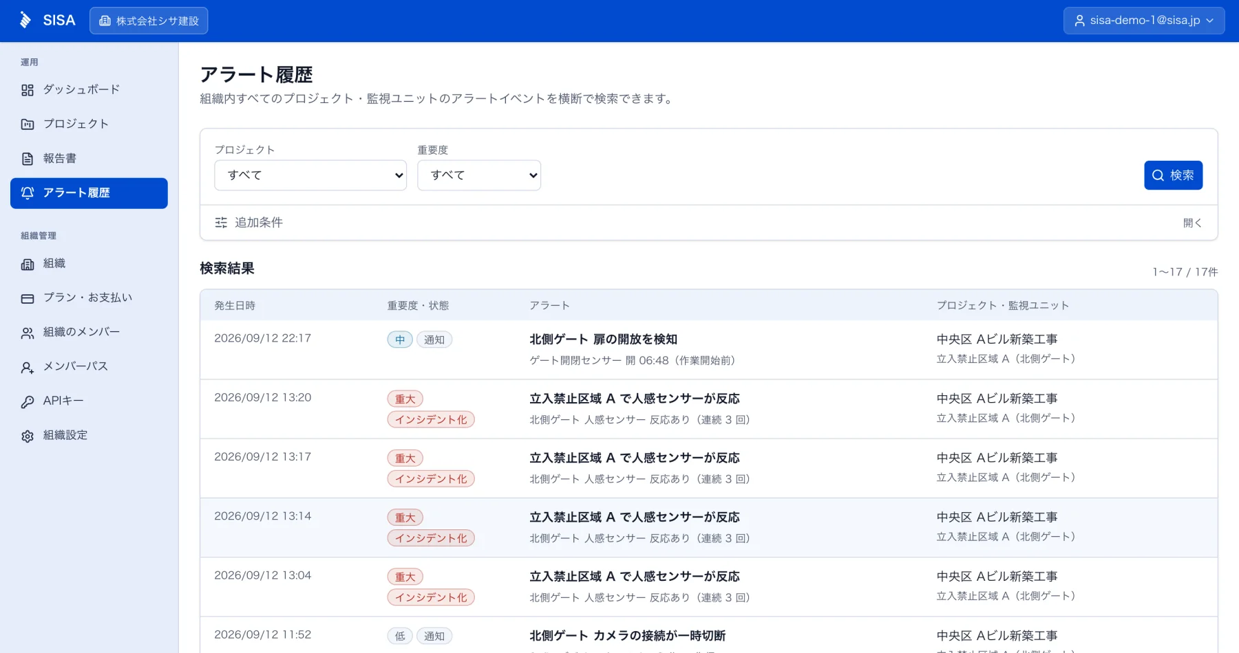 インシデント一覧の画面。届いたアラートが新しい順に並び、1 行目がタイトル(メールの件名)、2 行目が説明(メールの本文)になる